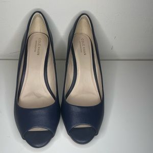 Navy leather peep toe wedges